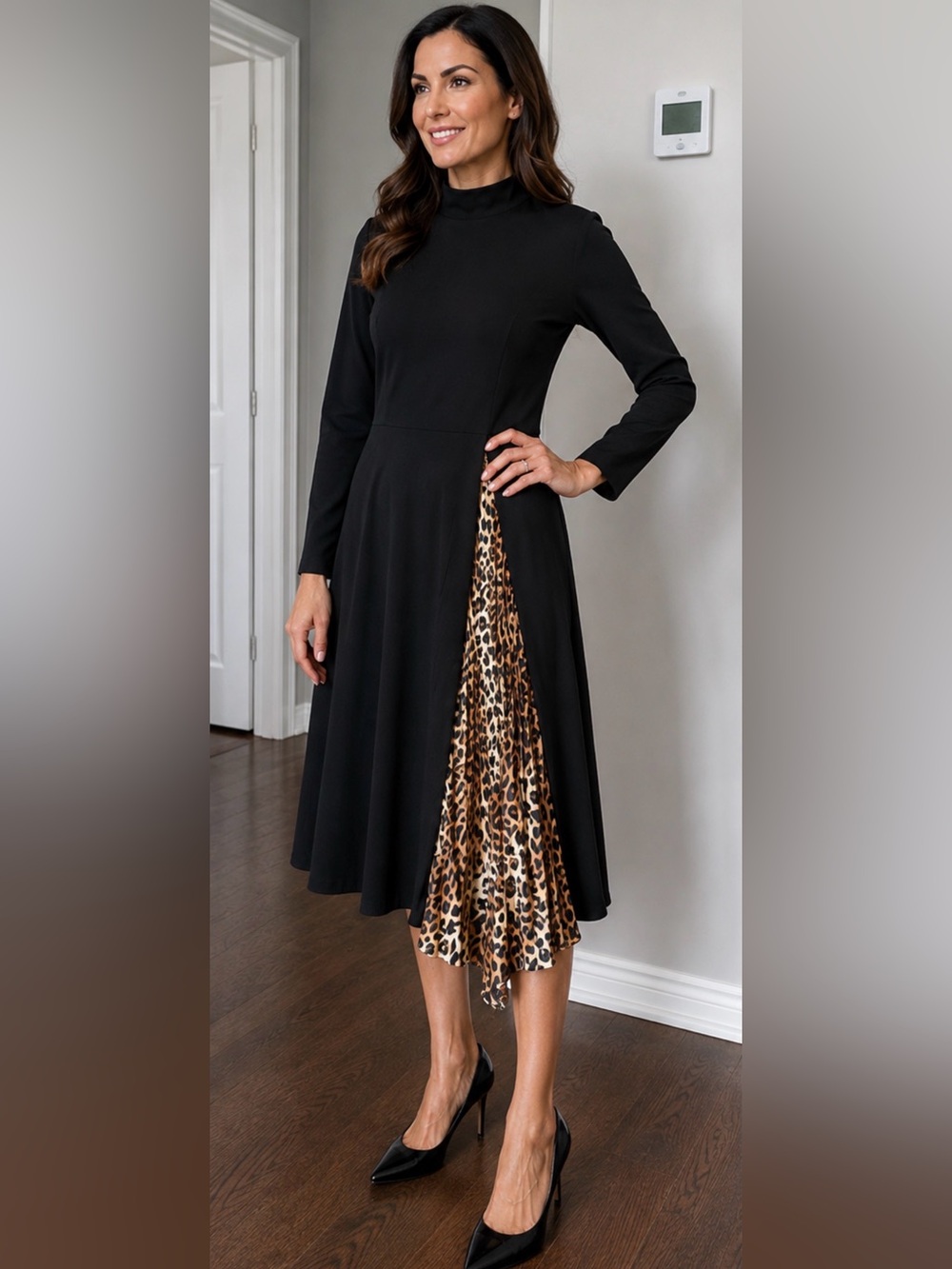 ASOS Black Long Sleeve Dress with Leopard Pleat